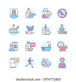 Self-care - modern line design style icons set. Healthcare and recreation idea. Healthy eating and sleeping, spa, physical activity, massage, calling a friend, bathing, vitamins, avoid social media