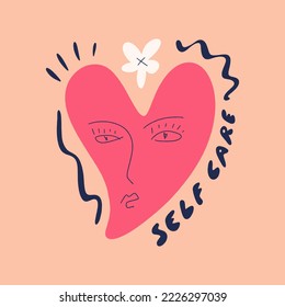 Self-care motivational encouraging girly self-esteem and self-indulgent quote. Heart groovy character. Lettering typography illustration. Kind love message. Letters on color background. Perfect phrase