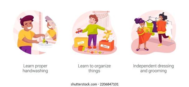 Self-care and personal hygiene skills for kids isolated cartoon vector illustration set. Learn proper handwashing, learn to organize things, independent dressing and grooming vector cartoon.