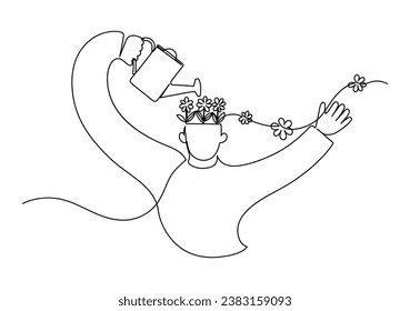 Selfcare, personal self-development concept. Positive thinking, mindfullness, psychology therapy. Man watering his head from wich grows flowers. Continuous line drawing.