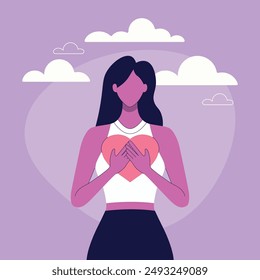 Autocuidado y Pensamiento Positivo: Abrazando Bienestar y Salud Mental. Ilustración de una mujer practicando amor propio y conciencia plena, sosteniendo un símbolo del corazón. Promover el bienestar mental y emocional B