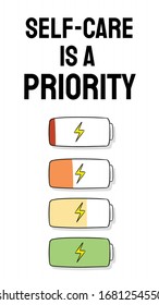 Self-care is a priority banner. Charge your inner battery. Motivational cartoon vertical image