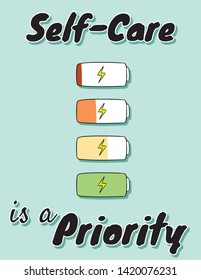 Self-care is a priority. Charge your inner battery. Motivational cartoon postcard