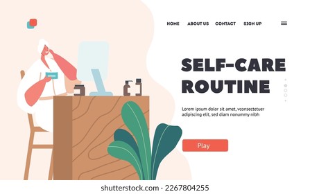 Self-care Routine Landing Page Template. Female Character Hygiene Procedure in Bathroom. Young Adorable Woman Sitting in front of Mirror Applying Facial Mask after Shower. Cartoon Vector Illustration