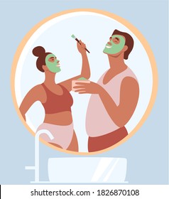 Self-care routines. Girl & Boy in front of a mirror in the bathroom apply face mask. Daily personal care, daily skin care, hygienic procedure. Flat cartoon vector illustration