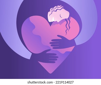 Self-care or self-confidence poster - woman embracing herself in heart shape. Abstract thematical concept.