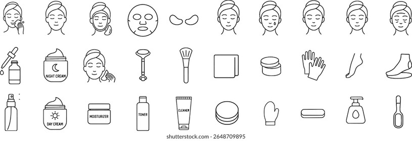 Self-Care and Skincare Routine Line Icons. Includes Face Wash, Serums, Rollers, Towels, and More.