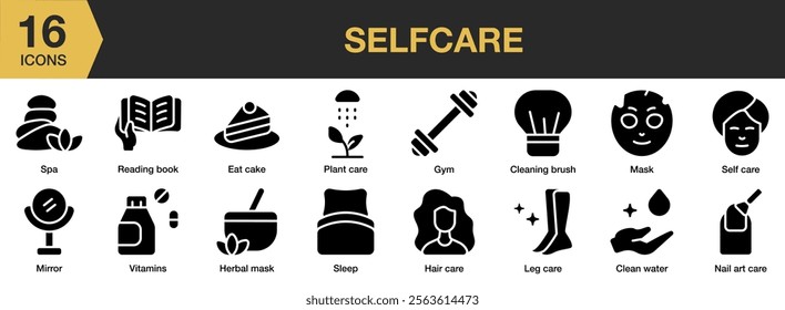 Selfcare solid icon set. Includes selfcare, health, care, beauty, wellness, relaxation, treatment, and More. Solid icons vector collection.