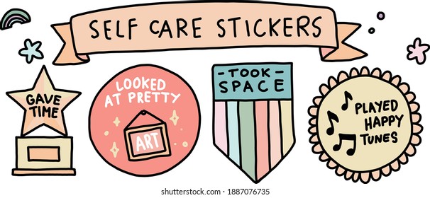 Self-care stickers badges and awards. Cute vector illustrations with typography. Icon sets. Feel good