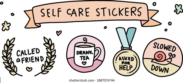 Self-care stickers badges and awards. Cute vector illustrations with typography. Icon sets. Feel good