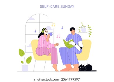 Self-care Sunday concept. A relaxed couple enjoys a cozy day with skincare, music, reading, and a pet. Indoor leisure activities and wellness. Vector illustration.