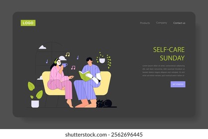 Self-Care Sunday concept. Two people enjoying quiet time with a book and music, reflecting leisure and relaxation at home. Vector illustration.