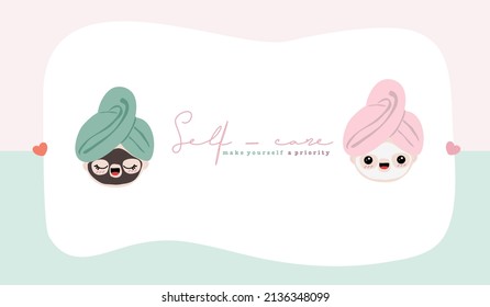 self-care theme : girls, mask, candle, flower. Flat cartoon vector illustration, hand drawn style, isolated on pastel color. Self love, health, beauty and wellness concept.