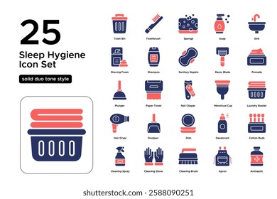 Self-Care and Wellness Routine. Morning and Night Hygiene Essentials. Vector Illustration. Solid duo tone icon set