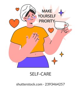 Self-care. Woman with a cup of tea. Personal well-being focus. Emotional balance. Mindfulness practice and mental health awareness. Flat vector illustration