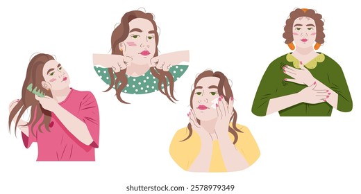 Self-care women with beauty everyday routines. Hair brushing, skincare application, facial massage, and relaxation. Wellness lifestyle branding. Minimalistic vector illustration set in flat style