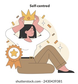 Self-centred trait illustrated within Big Five Personality framework. A confident individual placing a crown on their head, symbolizing self-importance. Flat vector illustration