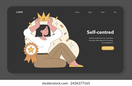 Self-centred trait illustrated within Big Five Personality framework. A confident individual placing a crown on their head, symbolizing self-importance. Flat vector illustration