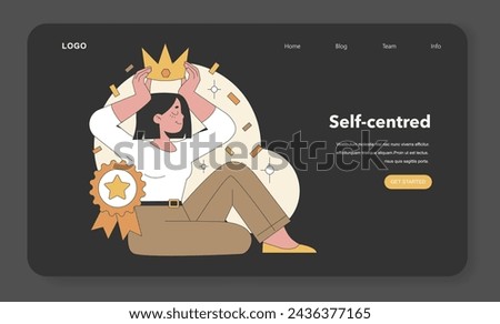 Self-centred trait illustrated within Big Five Personality framework. A confident individual placing a crown on their head, symbolizing self-importance. Flat vector illustration