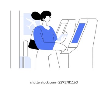 Self-check-in abstract concept vector illustration. Girl goes through self-registration for the plane at the airport, commercial air transport, automated technology abstract metaphor.