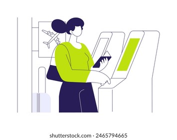 Self-check-in abstract concept vector illustration. Girl goes through self-registration for the plane at the airport, commercial air transport, automated technology abstract metaphor.