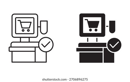 Self-checkout machine icon set in outline and silhouette style, representing retail automation, POS systems, and digital payment technology, vector illustration.