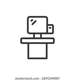 Máquina auto-Completar compra, icono lineal. Terminal de pago minorista automatizado. Línea con trazo editable.