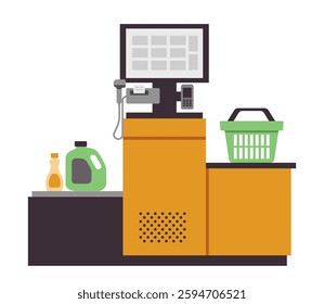 Self-checkout machine with a touchscreen, card reader, and barcode scanner. Shopping basket and groceries placed on the counter. Modern retail concept. Vector illustration