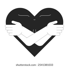 Self-compassion and breast cancer black and white 2D illustration concept. Mental health. Self care behavior. Happy heart hugging self outline character isolated. Metaphor monochrome vector art