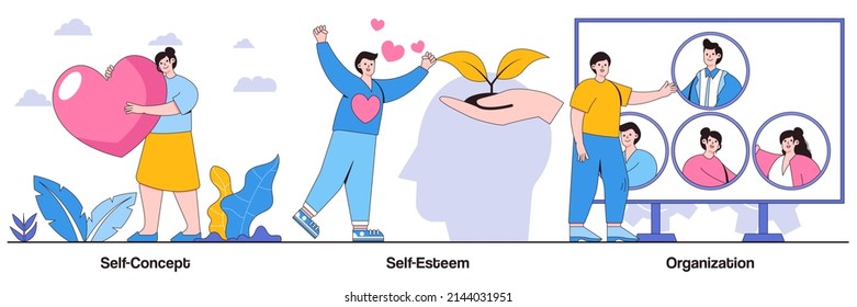 Self-concept, self-esteem, and organization concepts with people characters. Personality trait illustration pack. Confidence, personal value, organize daily life, training personal skills metaphor.