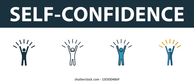 Self-Confidence icon set. Four elements in diferent styles from soft skills icons collection. Creative self-confidence icons filled, outline, colored and flat symbols.