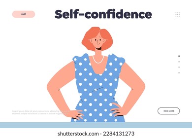 Selbstbewusste Landing Page Design-Vorlage mit Cartoon attraktiven gesicherten weiblichen Charakter