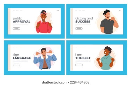 Self-confidence, Positivity Landing Page Template Set? Enthusiastic Male and Female Characters Pointing Towards Themselves With Sense Of Pride And Accomplishment. Cartoon People Vector Illustration