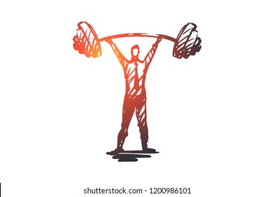 Self-confidence, success, boss, strength, career concept. Hand drawn strength man with heavy barbell concept sketch. Isolated vector illustration.