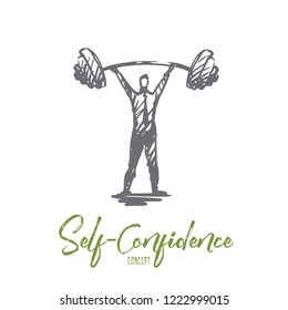 Self-confidence, success, boss, strength, career concept. Hand drawn strength man with heavy barbell concept sketch. Isolated vector illustration.