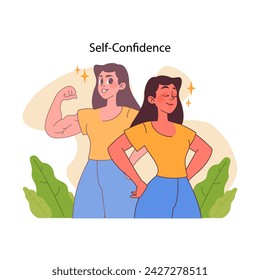 Self-confidence theme. Woman posing confidently while her blurred self shows muscles. Strong self-belief and empowerment. Individual strength and personal assurance. Flat vector illustration