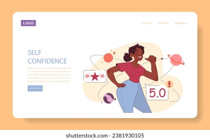 Self-confidence web banner or landing page. Young black woman with positive thinking and attitude. Optimistic mindset, self acceptance and well-being. Flat vector illustration