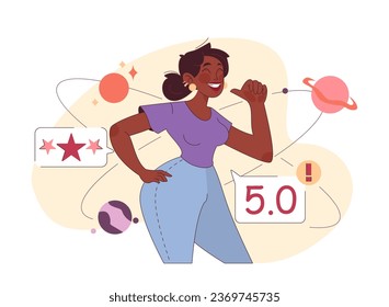 Self-confidence. Young black woman with positive thinking and attitude. Optimistic mindset, self acceptance and well-being. Flat vector illustration