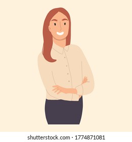 A self-confident business woman crossed her arms.Motivation concept. Vector hand drawn illustation. Cartoon style. Flat design.