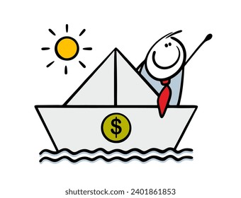 Self-confident businessman on paper boat sails through the waves to success. Vector illustration of the concept of aspiration in business. Dollar sign, financial well-being. Isolated on white.