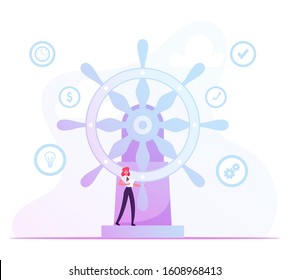 Self-confident Businesswoman with Paper Document in Hand Stand under Huge Steering Wheel Choosing Right Direction for Company Development. Corporate Governance Concept. Cartoon Vector Illustration