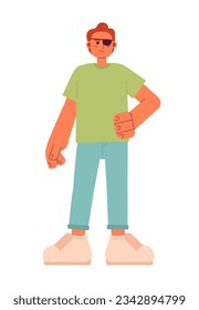 Hombre caucásico autoseguro con carácter vector de color semi-plano vendado en los ojos. Joven de cuerpo completo editable con discapacidad en blanco. Ilustración simple de dibujos animados para el diseño gráfico web