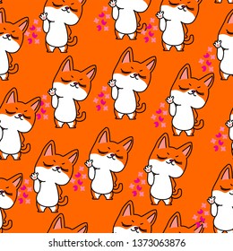 Self-confident ginger kitten throws the flowers. Kids seamless pattern with kittens on orange background.

