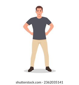 Self-confident guy, a man stands in a heroic pose. Flat vector illustration isolated on white background