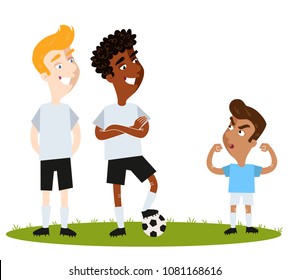 Self-confident short South American Cartoon soccer player in blue shirt attempting to intimidate unimpressed tall opponents with aggressive pose isolated on white background