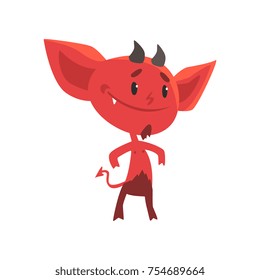 Self-confident smiling red devil stands isolated on white background. Flat cartoon fictional character with little horns, big ears and tail