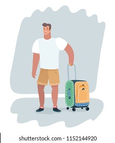 Self-confident young guy suit with travel bag on wheels for journey. Man going to holiday. Vector cartoon illustration in modern travel concept.