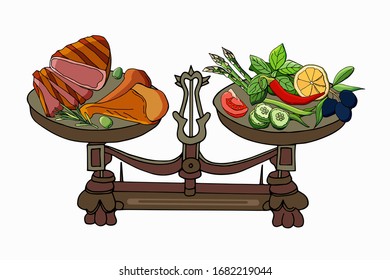 Self-control. Choice of meat or vegetables. Scales, chicken legs, olives, rosemary, lemon, nuts, tomato, basil, chili pepper, string beans, asparagus. Cartoon style illustration. Stock illustration. 