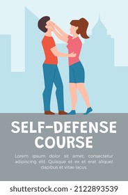 Self-defense course promo poster or web banner template, cartoon flat vector illustration. Martial arts and fight techniques training for women self-defense.