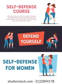 Self-defense courses for women advertising banners and flyers set, flat vector illustration. Self-defense techniques for women training posters collection.